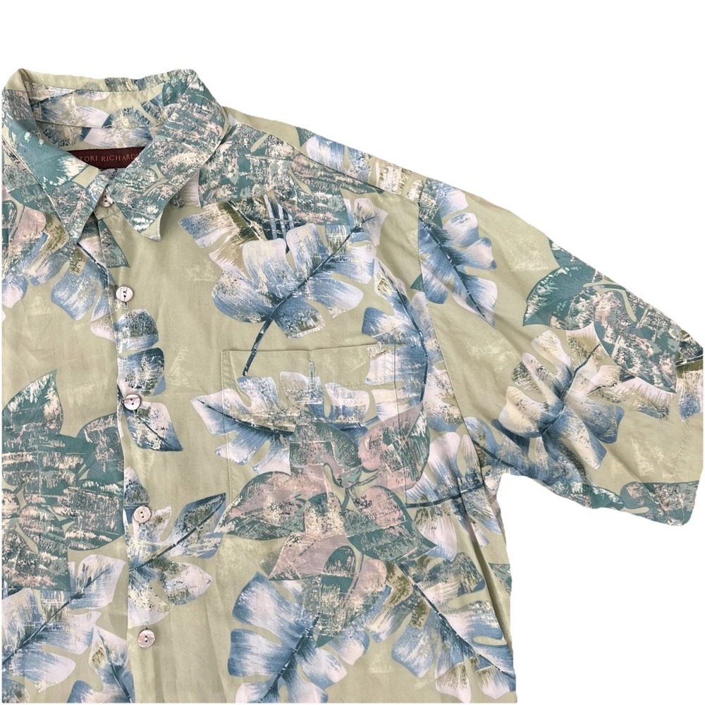 Tori Richard Shirt Mens L Blue Green Palm Leaf Hawaiian Aloha Button‎ USA